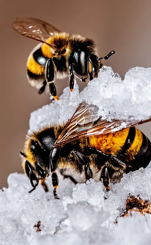 Image similar to a bee and a flower under a layer of ice and snow, beautiful macro photography, ambient light