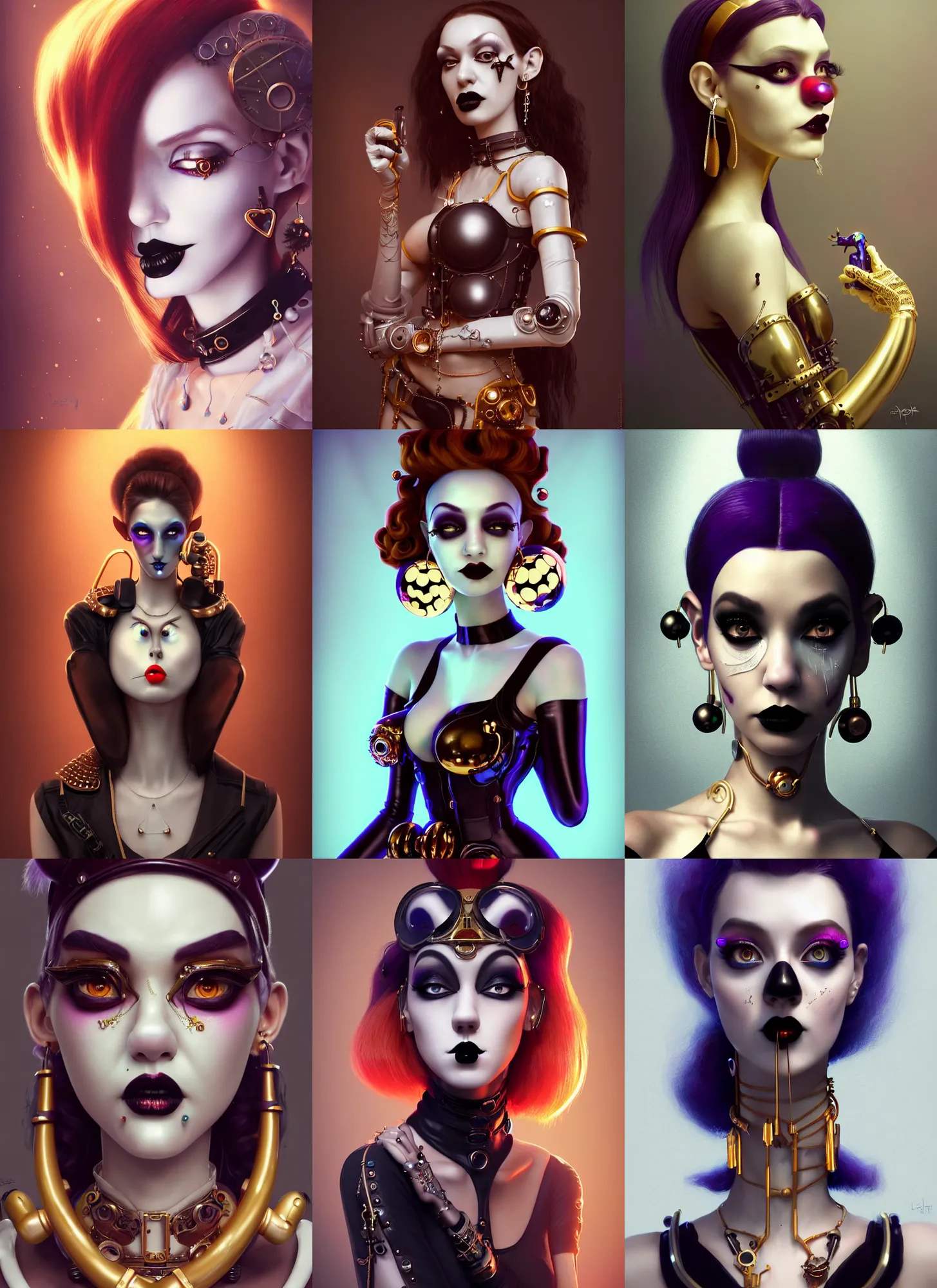 Prompt: pixar 8 k photo, beautiful shiny white porcelain rich grand pearlescent goth edc steampunk clowncore cyborg college woman, elaborate earrings, latex, golden ratio, sci fi, fantasy, cyberpunk, intricate, decadent, highly detailed, digital painting, octane render, artstation, concept art, smooth, sharp focus, illustration, art by loish, wlop