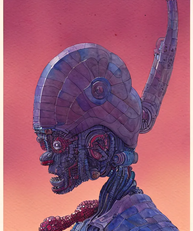 Image similar to a watercolor painting character portrait of a machine mutant in the style of jean giraud in the style of moebius trending on artstation deviantart pinterest detailed realistic hd 8 k high resolution