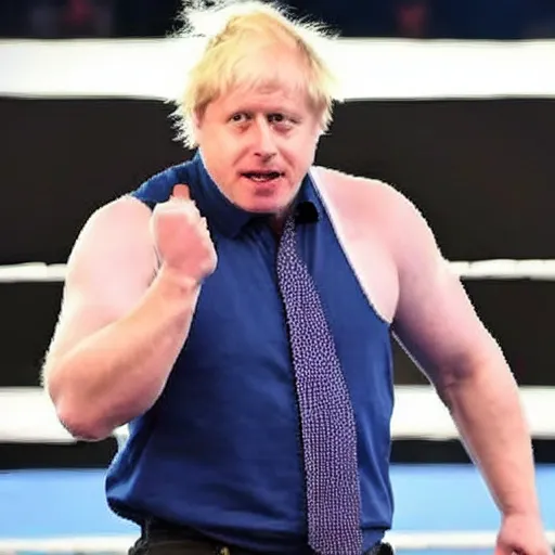 Image similar to boris johnson wearing a blue baseball cap hat and jeans in wwe as a muscular wrestler. he is holding one hand near his face