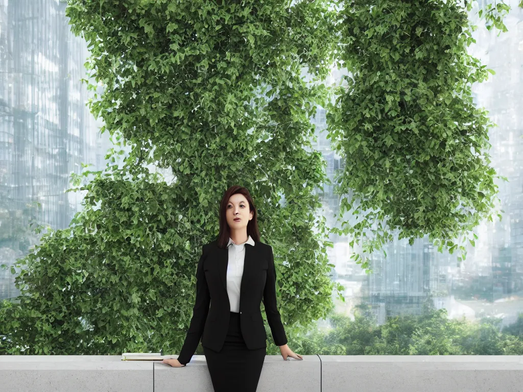 Prompt: woman wonders what could be created, wearing office suit, portrait pose beside window, green foliage in background, bokeh, backlighting, stock photo, modern clothing, 4k, octane render, photorealistic