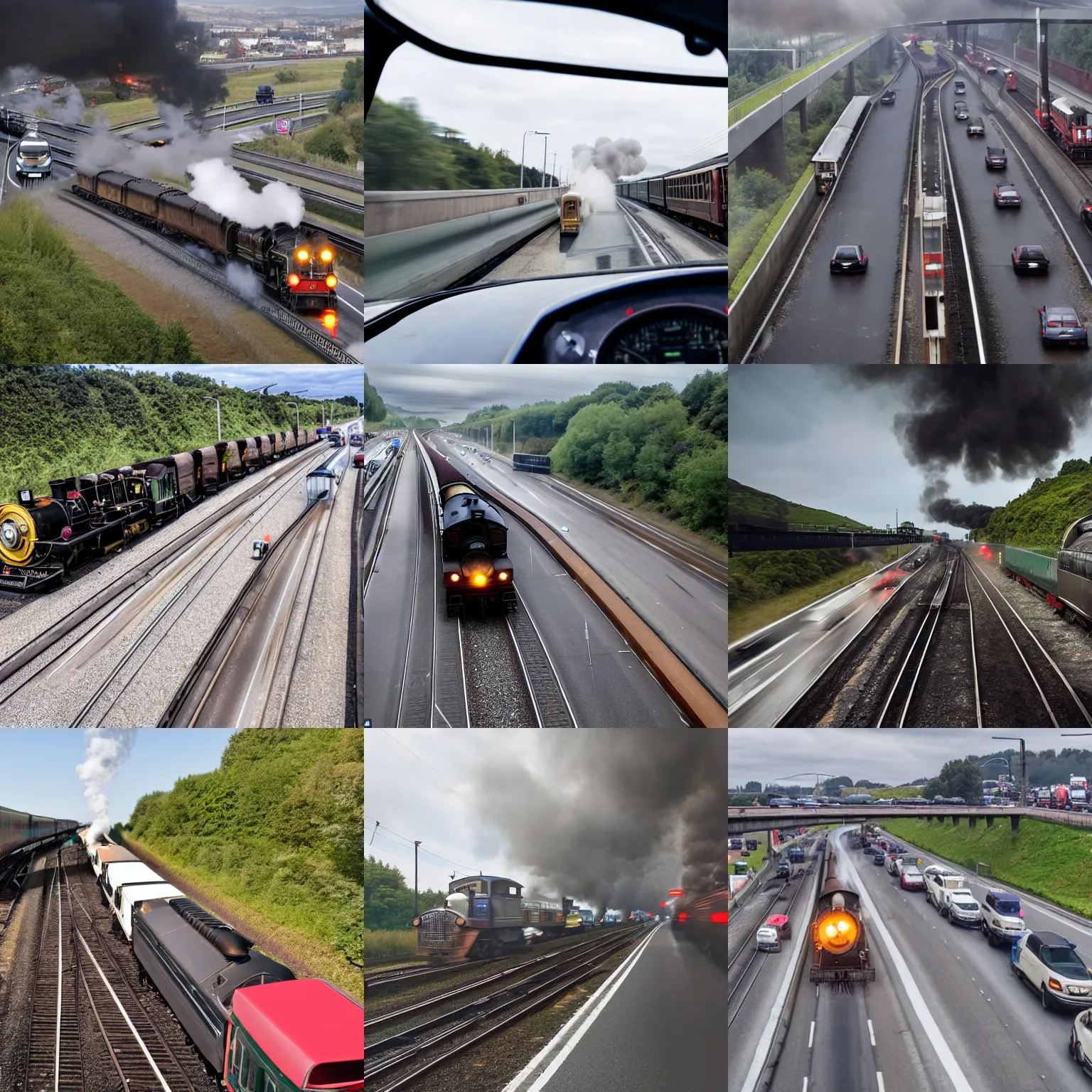 Prompt: A steam locomotive crossing a busy motorway and causing a traffic jam, as seen through a car windshield