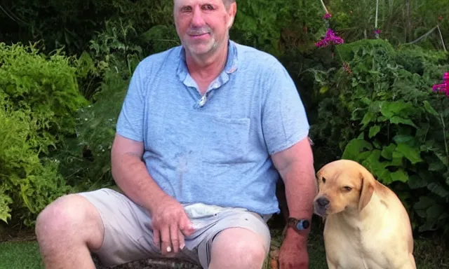 Image similar to My dad Steven just took a hit from the bongo and have good time being gracefully relaxed in the garden, sunset lighting. My second name is Carell. My dad second name is Carell. Im the dog