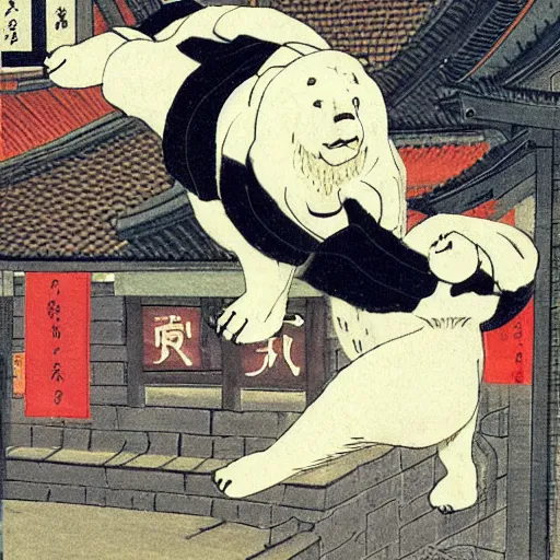 Image similar to a polar bear dressed as a shogun, jumping from the roof into a busy street in 18th century Japan, anime style