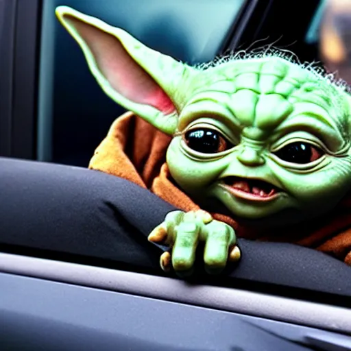 Image similar to baby yoda hanging out of car window screaming at drive thru ordering menu