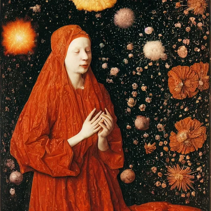 Prompt: a veiled woman with crying flowers in a nebula, by Jan van Eyck