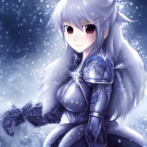 Prompt: portrait focus of knight beautiful 3D anime girl, silver Frozen ice armor wearing, dark forest background, snowing, bokeh, inspired by Masami Kurumada, digital painting, high contrast, unreal engine render, volumetric lighting, high détail