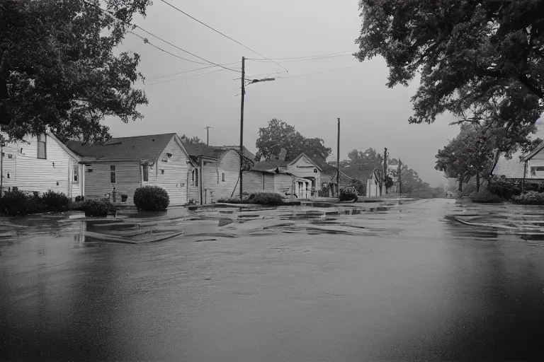 Prompt: a detailed photograph of a 1 9 8 0 s american neighborhood by gregory crewdson, 4 k, rain