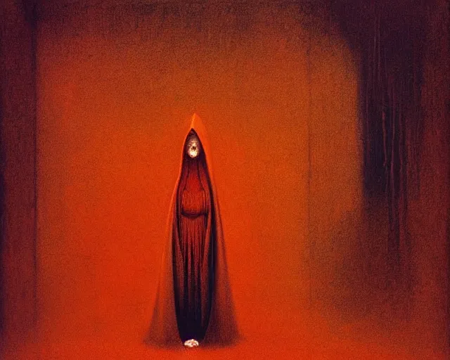 Prompt: by francis bacon, beksinski, mystical redscale photography evocative. devotion to the scarlet woman, priestess in a conical hat, vision quest, insight, divine presence