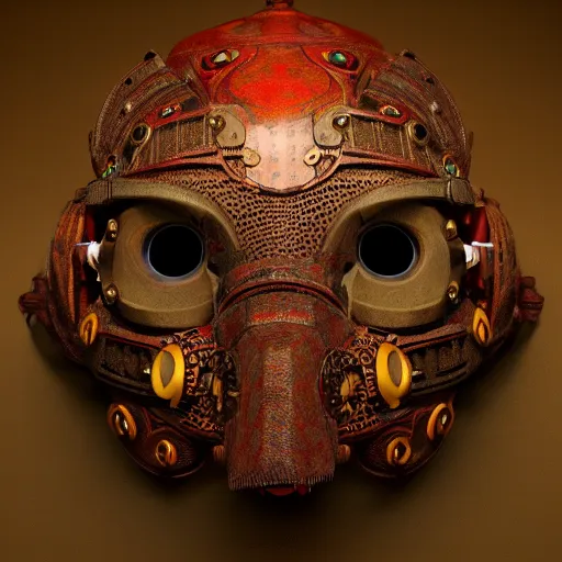 Image similar to a steampunk tribal mask, japanese pottery, vivid colors, wood, metal, intricate details, trending on cgsociety, concept art, glowing eyes, sharp focus, ultra realistic details, cinematic atmosphere, global illumination, shadows, octane render, 8 k