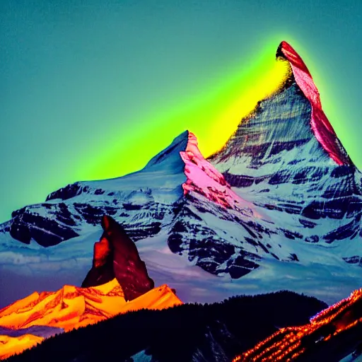 Prompt: a photo at nighttime of a powerful llumination of the matterhorn in the colors of indian flag, orange top, white middle, green base. projected illuminated on the matterhorn mountain at night