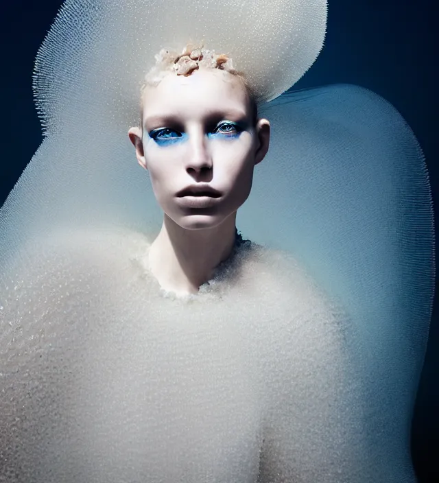 Image similar to photography face portrait of one stunning woman in white beach ocean, dress by iris van herpen, creative colorfull - makeup, curly hair style halflong, photography by paolo roversi nick knight, helmut newton, avedon, and araki, sky forest background, natural pose, highly detailed, skin grain detail