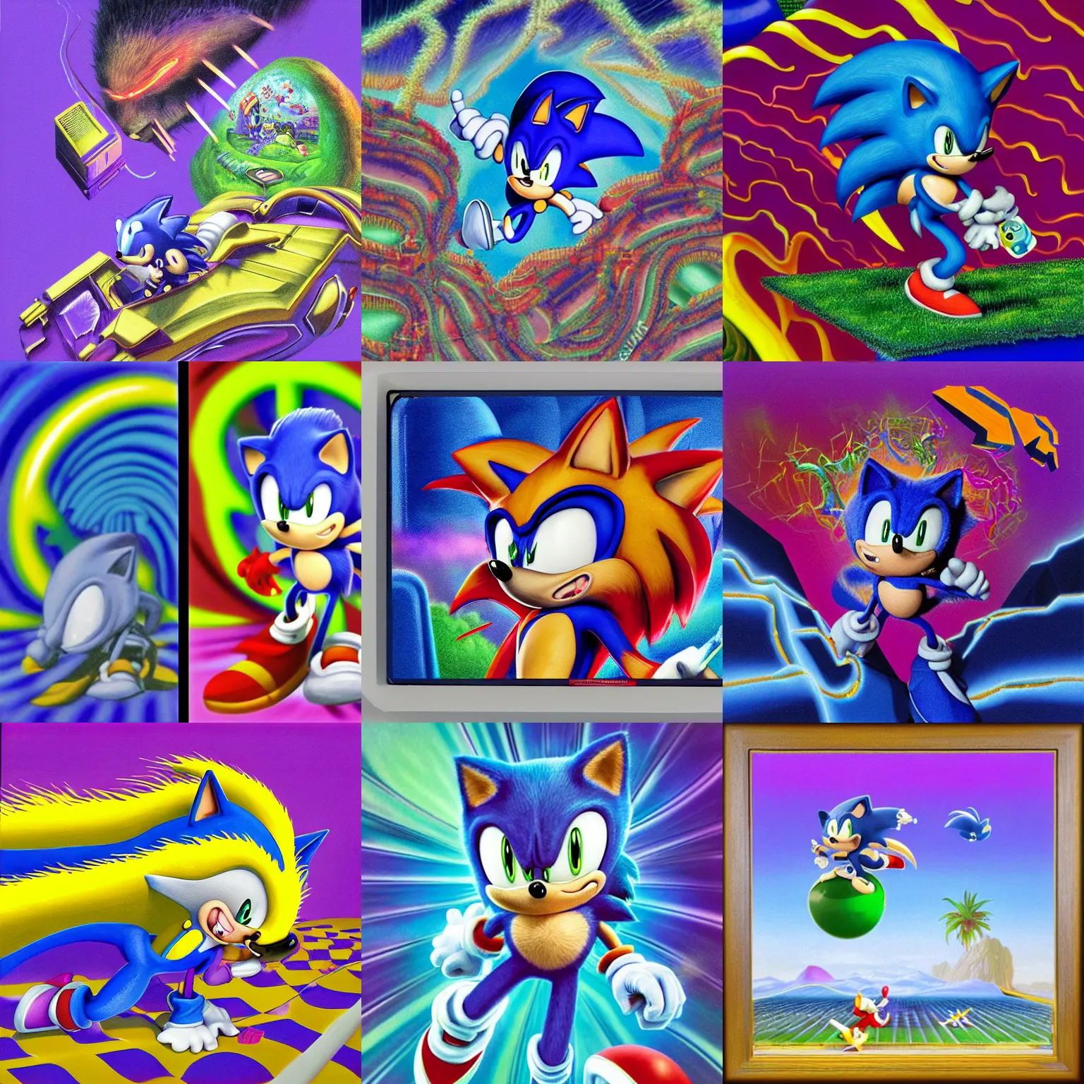Prompt: portrait of sonic hedgehog and a matte painting landscape of a surreal, sharp, detailed professional, soft pastels, high quality airbrush art album cover of a liquid dissolving airbrush art lsd dmt sonic the hedgehog swimming through cyberspace, purple checkerboard background, 1 9 9 0 s 1 9 9 2 sega genesis rareware video game album cover