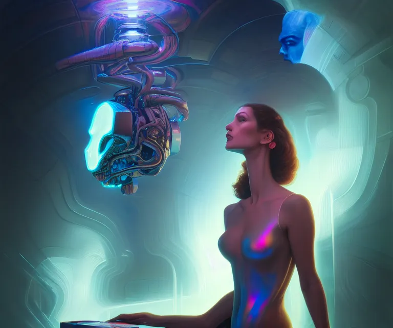 Image similar to beauty woman in holograms of alien artifacts, electrical case display, total recall tech, ultrarealistic, dramatic lighting, electrical details, high details, 4k, 8k, best, accurate, trending on artstation, artstation, photorealism, ultrarealistic, digital painting, style of Peter Mohrbacher, Caravaggio, Boris Vallejo