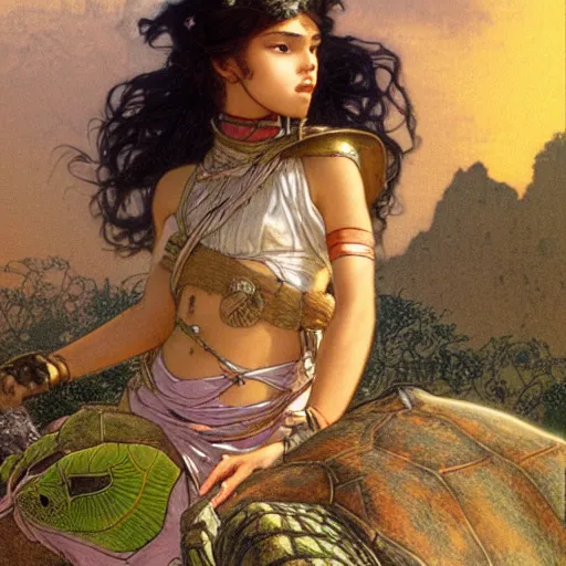 Image similar to a little warrior girl sitting on top of a giant turtle that is walking in the desert, seen from a distance. the girl has dark skin and beautiful green eyes, realistic full body and a very beautiful detailed symmetrical face with long black hair. diffuse light, dramatic sky and landscape, fantasy illustration by mucha