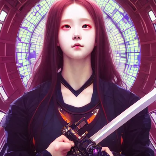 Image similar to painting of cyberpunk chuu loona kpop smiling cheerfully and fixing her black katana, ultra realistic, concept art, intricate details, eerie, highly detailed, photorealistic, octane render, 8 k, unreal engine. art by artgerm and greg rutkowski and magali villeneuve and alphonse mucha