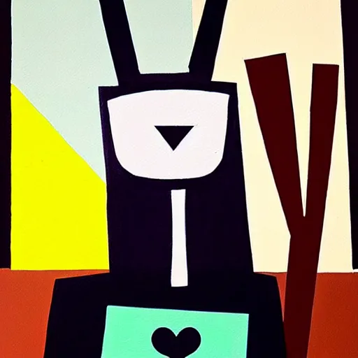 Image similar to a painting of a man and a rabbit holding hands, a cubist painting by michael deforge, featured on pixiv, furry art, modern european ink painting, suprematism, mixed media, anime aesthetic, matte drawing, genderless