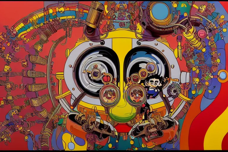 Image similar to Beautiful painting of anthropomorphic steam engine Barry Chuckle caveman hydra, Neo-Andean Architecture art by Takashi Murakami, art by Victor Moscoso. Lifelike mechanical eyes. Locomotive Barry Chuckle. Trending on artstation, hyperrealism, 8k