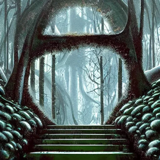 Image similar to stairs leading to a frozen derelict portal in a middle of a snowy lush futuristic forest, green lush world seen only through a portal, daylight, cinematic lighting, blue sky, syd mead, john harris