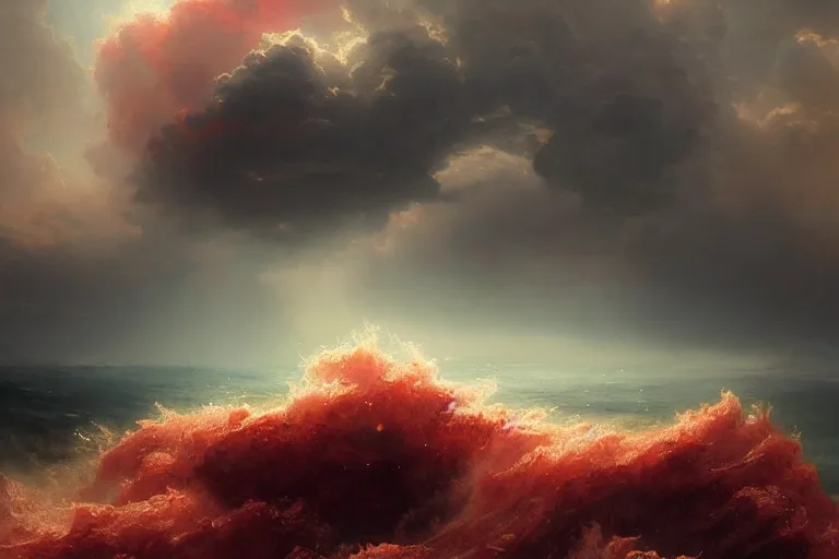 Image similar to turbulent ocean made of dark - red energy emanating mist under a bed of loquaciously indulgent cloudy skies, illustrated by greg rutkowski and gaston bussiere, artstation, cgsociety contest winner, intricately defined, complexly detailed, zbrush, mannerism, 4 k