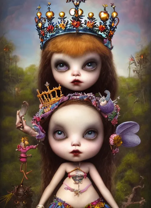Image similar to highly detailed closeup, profile portrait of a tin toy goth fairytale princess wearing a crown, bikini, unreal engine, nicoletta ceccoli, mark ryden, earl norem, lostfish, global illumination, detailed and intricate environment