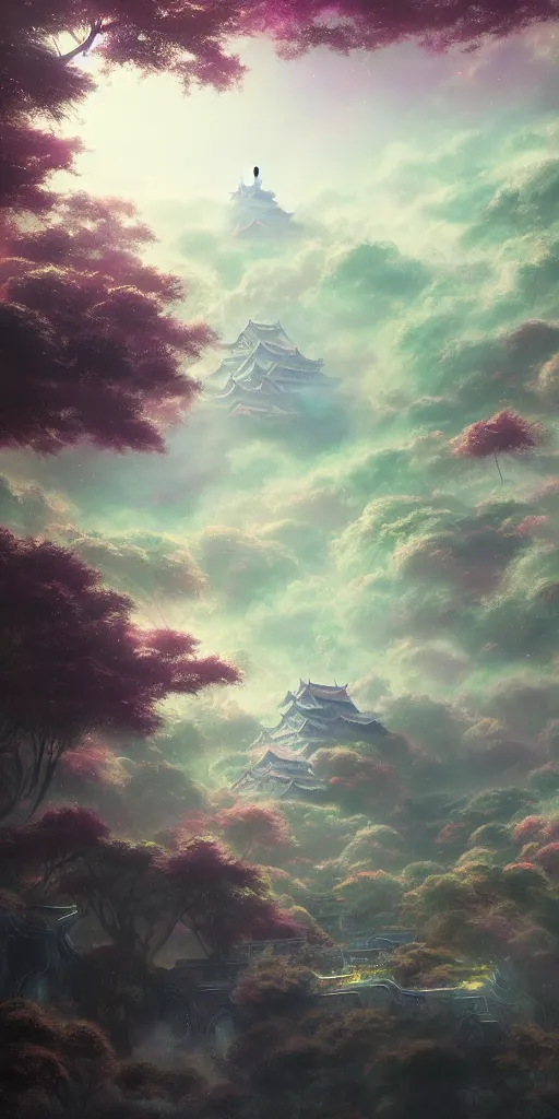 Image similar to a psychedelic realm hidden away in a pocket of ethereal understanding, astral projection of himeji castle, in the style of greg rutkowski, and wlop, and lisa frank, and bob ross, and ruan jia, illustration, epic, fantasy, hyper detailed, smooth, unreal engine, sharp focus, ray tracing