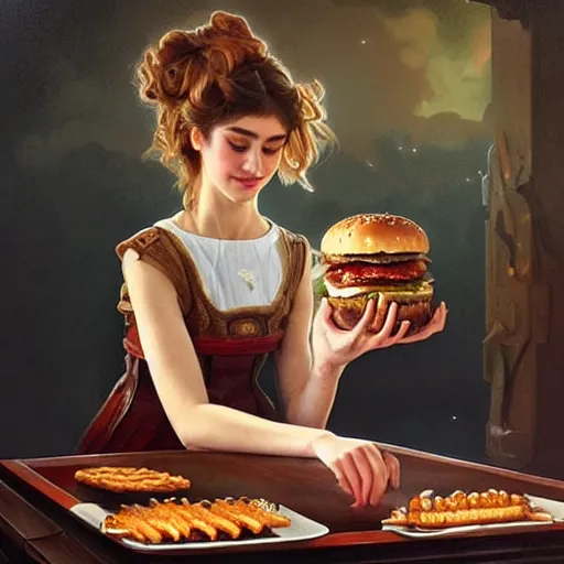 Prompt: Natalia Dyer Eating Big Macs, dripping BBQ Sauce, serving burgers, D&D, fantasy, intricate, elegant, highly detailed, digital painting, artstation, concept art, matte, sharp focus, illustration, hearthstone, art by Artgerm and Greg Rutkowski and Alphonse Mucha