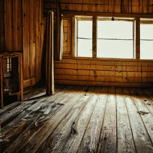 Image similar to a film production still, 2 8 mm, wide shot of a cabin interior, wooden furniture, cobwebs, spiderwebs, dynamic volumetric lighting, abandoned, depth of field, cinematic