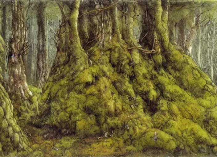 Image similar to a mossy wood with trolls and elves, in the style of John Bauer,