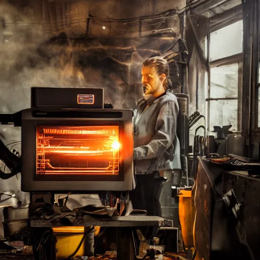 Image similar to cyborg toaster oven repairman, dark messy smoke - filled cluttered workshop, dark, dramatic lighting, orange tint, sparks, plasma rays, cinematic, highly detailed, sci - fi, futuristic, movie still