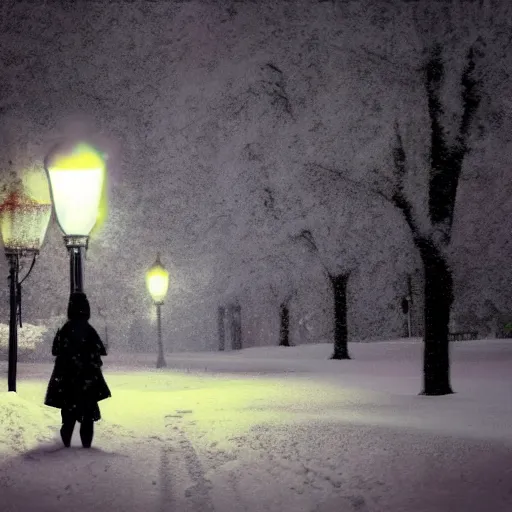 Prompt: A lonely girl with a teddy bear walking on the streets covered in snow during a blizzard. Footprints. Street lamps. Trees. Digital art.