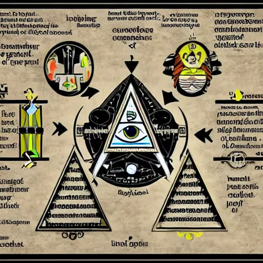 Prompt: A complex flowchart that connects the relationships between the Illuminati, and the gods and devils of the Spirit World. Abstract iconography.