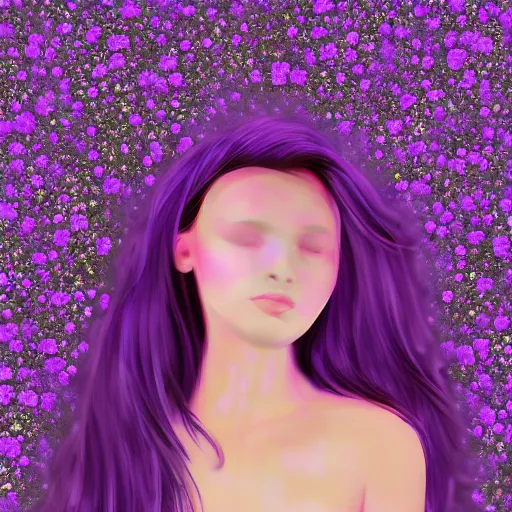 Prompt: Early internet digital art of a girl made out of lavenders. Full of glitter, shiny.