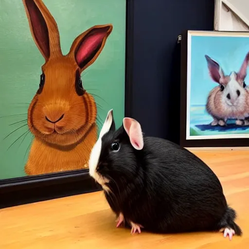 Image similar to a rabbit proudly posing next to a painting of a guinea pig