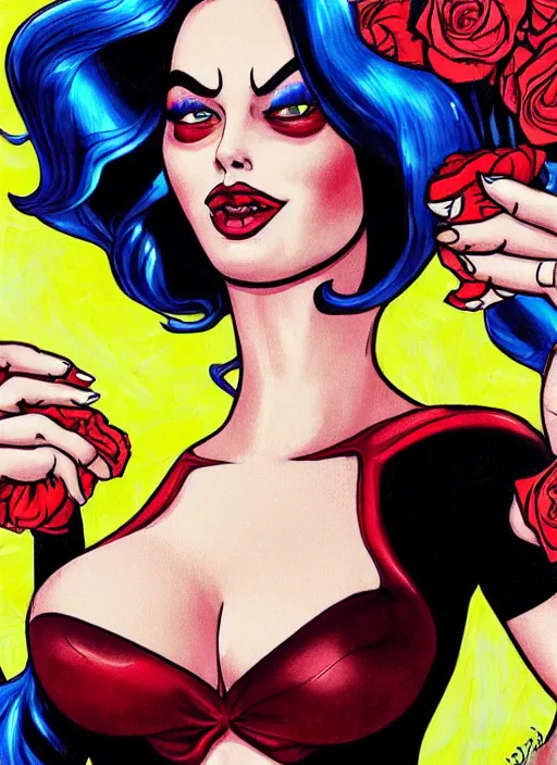 Prompt: closeup portrait of seductive goddess varga jessica rabbit margot robbie as harley quinn posing, roses, energy, jim lee, frank miller, gotham city, futurepunk, pinup, nagel, glamour pose, moebius, gta v, dan mumford, mucha, nagel, fantasy tarot card, d & d, neon, black paper, vibrant, greg rutkowski,