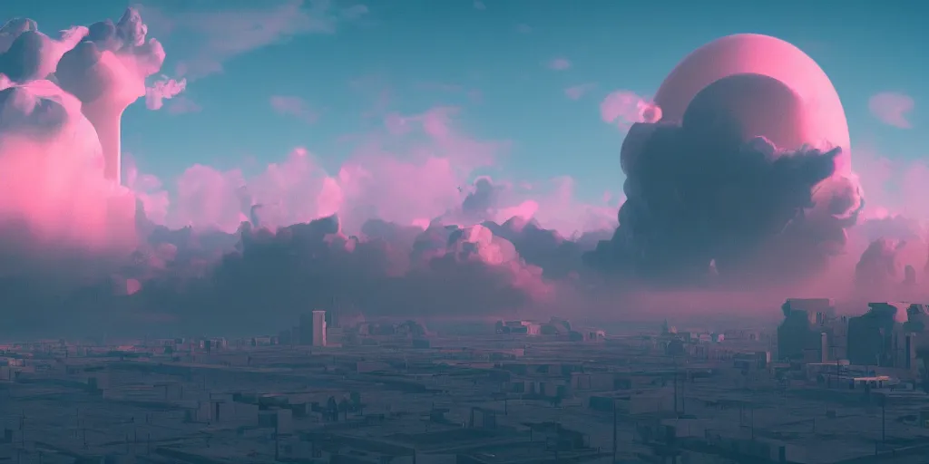 Prompt: beautiful matte painting of radioactive clouds by Beeple, Trending on Artstation , featured on behance, intricate, rectilinear, digital art, octane render, chillwave.