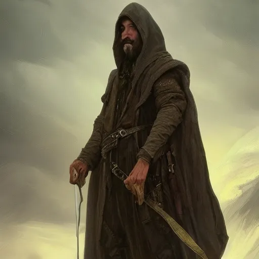 Prompt: epic portrait an hooded man with a beard and serious face, digital painting, artstation, concept art, soft light, hdri, smooth, sharp focus, illustration, fantasy, intricate, elegant, highly detailed, D&D, matte painting, in the style of Greg Rutkowski and Alphonse Mucha and artemisia, 8k, highly detailed, jurgens, rutkowski, bouguereau, pastoral, rustic, georgic, detailed concept art, illustration, colorful pastel, painting, detail, ultra detailed, digital art, 4K,