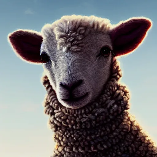 Image similar to lamb wearing a sweater, sweater, canon portrait, full body shot, 4k, hills in the background, symmetry!!, coherent, photorealistic, cold colors, Scotland artstation,