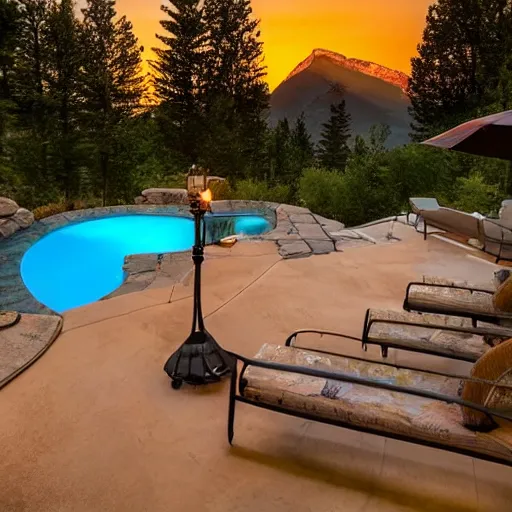 Image similar to patio with beautiful multi - level pool overlooking mountains at sunset