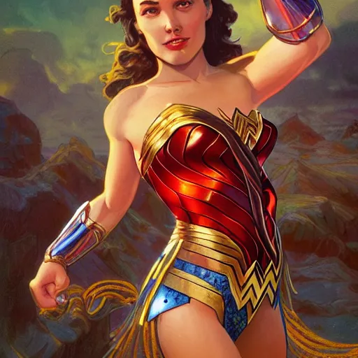 Image similar to Wonder Woman but she's a beautiful young ape kid, mucha, mayhem, illustration, by James Jean, artgerm, octane render, by John Coltrane and Marc Simonetti, Manic, inspired by Greg rutkowski, colorful, studio lighting, high detail of the face, full body