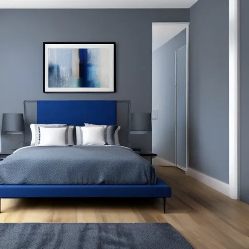 Prompt: designer photograph of minimalist bedroom, colors of blues and grey