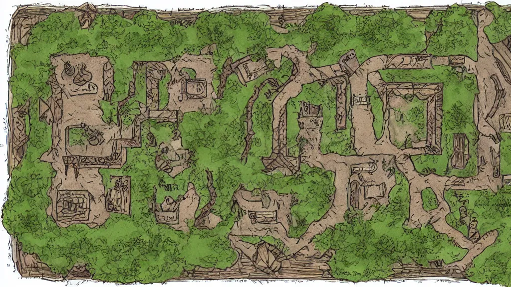 Prompt: a stylized indoor map of a dungeon in a forest for a tabletop rpg.