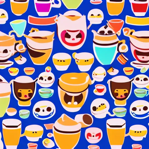 Image similar to colorful happy japanese illustration of smiling coffee cups surrounded by beautiful nature and patterns, 4 k, high detail