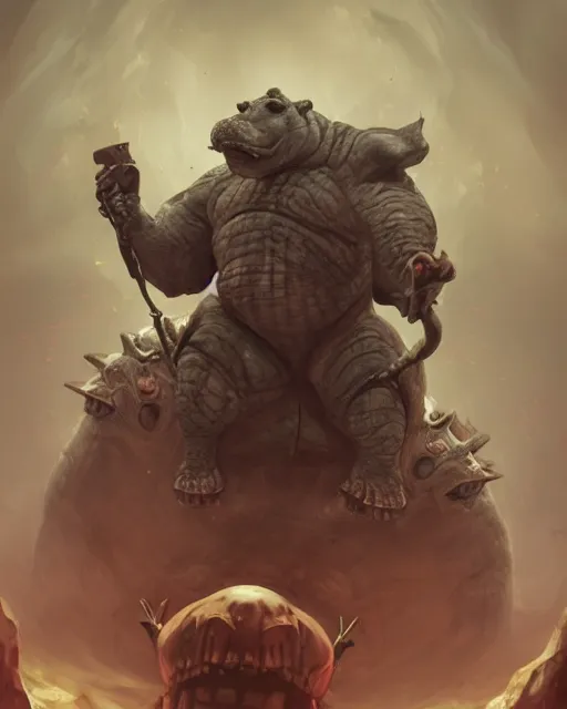 Image similar to Hippo, Anthropomorphized, portrait, as evil warlord general on skull throne, magic the gathering artwork, D&D, fantasy, cinematic lighting, centered, symmetrical, highly detailed, digital painting, artstation, concept art, smooth, sharp focus, illustration, volumetric lighting, epic Composition, 8k, art by Akihiko Yoshida and Greg Rutkowski and Craig Mullins, heroic pose, oil painting, cgsociety, Battlefield background, explosions, arrows