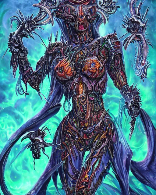 Image similar to silver mechanical charred bloody fleshmetal cyborg daemonhost woman psychedelic flamer of tzeentch with extra arms, blue and green rainbow fire, by antonio j. manzanedo, alex grey, android jones, wayne barlowe, philippe druillet, raymond swanland, cyril rolando, harumi hironaka, cronenburg, trending on artstation