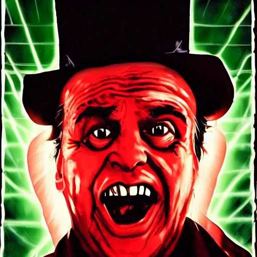 Image similar to danny devito is freddy kruger nightmare on elm street always sunny in philledelphia silloute night dark synth fog spooky red neon slasher movie poster high detail