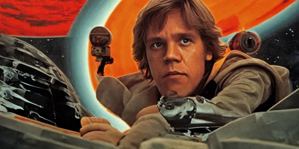 Image similar to screenshot portrait of Luke Skywalker, on a planet of maelstrom, chaos, the world without form and void, 1970s film by Stanley Kubrick, iconic scene, HR Geiger design, stunning cinematography, hyper-detailed, sharp, anamorphic lenses, kodak color, 4k, stunning