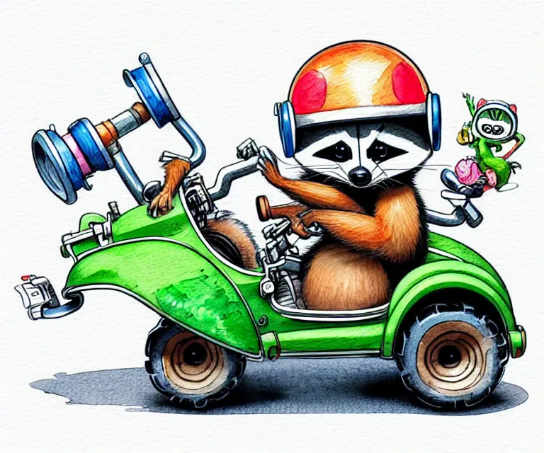Prompt: cute and funny, racoon wearing a helmet riding in a tiny fourwheeler with oversized engine, ratfink style by ed roth, centered award winning watercolor pen illustration, isometric illustration by chihiro iwasaki, edited by range murata, tiny details by artgerm, symmetrically isometrically centered