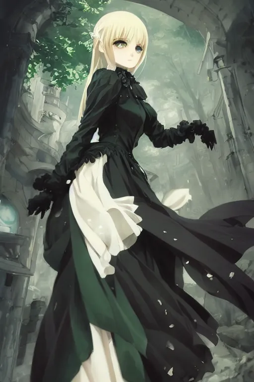 Image similar to victorique de blois anime girl gosick super detailed green eyes green eyes green eyes green eyes black dress black dress black dress black dress blonde hair by greg rutkowski makoto shinkai aramaki shinji artgerm, cushart krenz key art feminine award winning