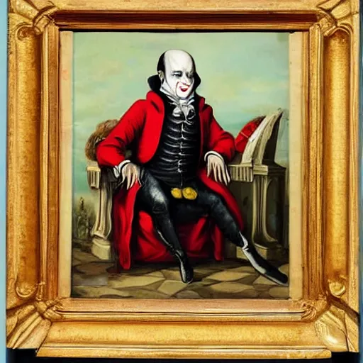 Prompt: a vampire sitting on a throne in his castle during the american revolution. he is surrounded by fine art and is wearing a bright clown emoji mask. finely detailed oil painting by john and ai